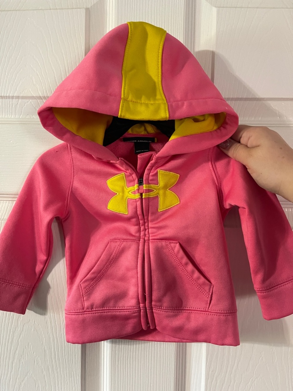 Under Armour Pink zip up Hoodie with Yellow Logo & Hood Stripe